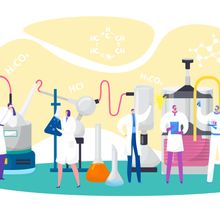 Conceptual colorful illustration of scientists working with bioreactors and other laboratory equipment.