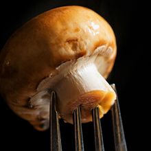 A button-mushroom on the tip of a fork.