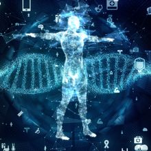 Graphic of a human figure standing in the midst of a long DNA strand surrounded by icons associated with medicine and clinical practice.