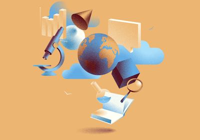 Science and educational objects with a world globe floating on a background