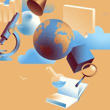 Science and educational objects with a world globe floating on a background