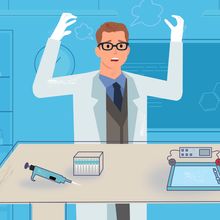 A man with glasses that looks distressed as he stands in front of a laboratory bench with his failed experiment.