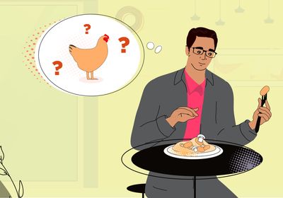 Cartoon illustration of John Gonzalez eating food and questioning if it is chicken