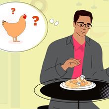 Cartoon illustration of John Gonzalez eating food and questioning if it is chicken