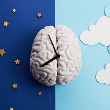 A white brain with clock hands rests in the middle of two scenes of two different times of day, nighttime, indicated by stars on a blue background, is on the left and day, indicated by light blue clouds, on the right.
