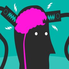 Cartoon of a silhouetted person&rsquo;s bright pink brain being shocked by jumper cables