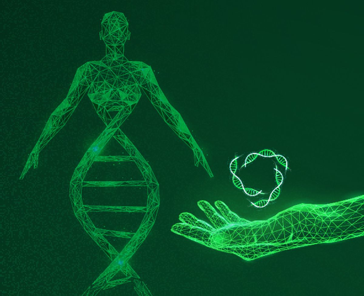 Illustration of a human combined with DNA and a hand holding DNA strands