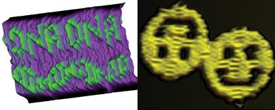 Green DNA lettering on purple background and yellow smiley faces on a black background