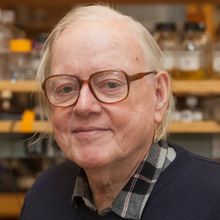 Howard Berg wearing glasses, looking at the camera with his lab in the background