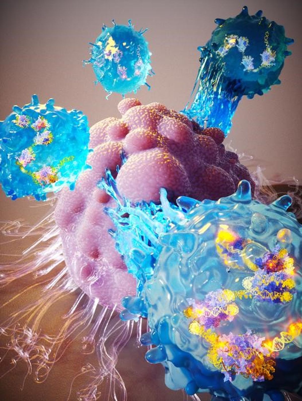 The illustration shows an artistic rendering of CRISPR-enhanced T cells attacking a tumor. 