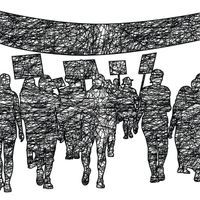 a sketch of people marching, holding signs