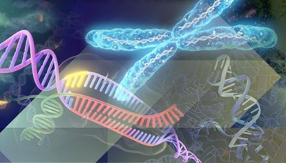 Conceptual multicolored image of CRISPR gene editing technology on a dark background with geometric figures.