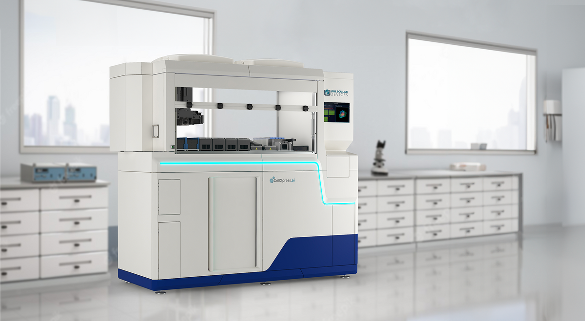 A 3D rendered image of the CellXpress.ai Automated Cell Culture System in a laboratory.